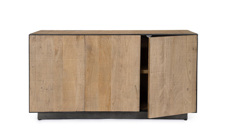 Madia moderna lineare in legno di mango colore quercia profili in acciaio cm 150x44x80h
