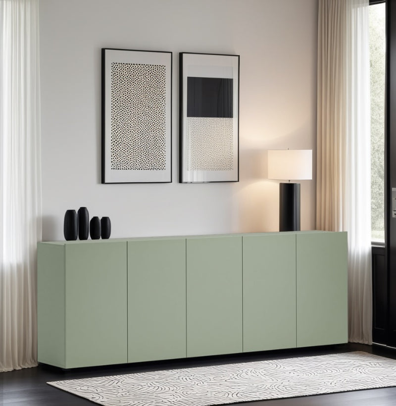 Madia 5 ante moderna semplice colore verde salvia laccato opaco cm 225x38x79h