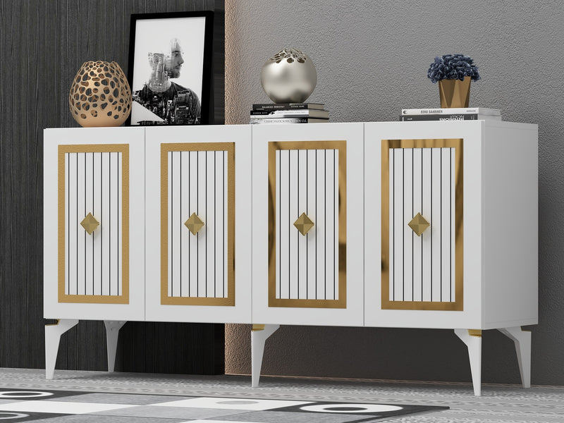 Mobile 4 ante madia design bianca con dettagli dorati cm 150x40x79h