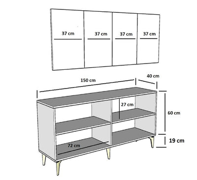 Mobile 4 ante madia design bianca con dettagli dorati cm 150x40x79h