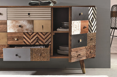 Madia con ante e cassetti effetto Patchwork in legno di mango cm 150x40x78h
