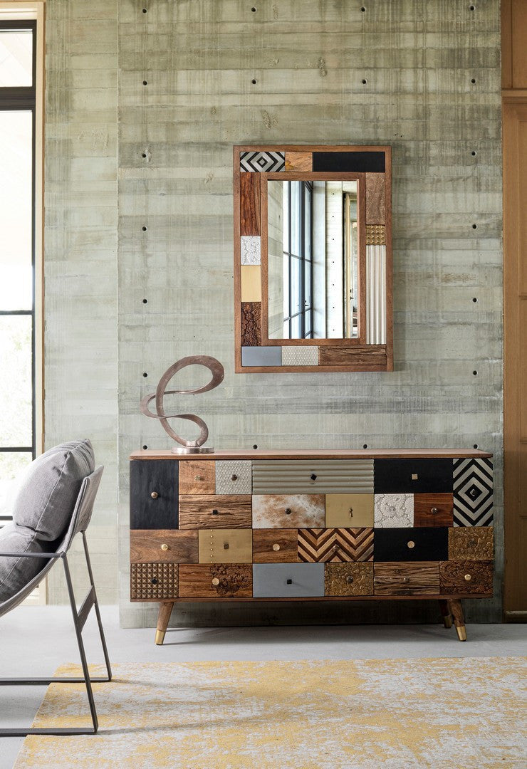 Madia con ante e cassetti effetto Patchwork in legno di mango cm 150x40x78h