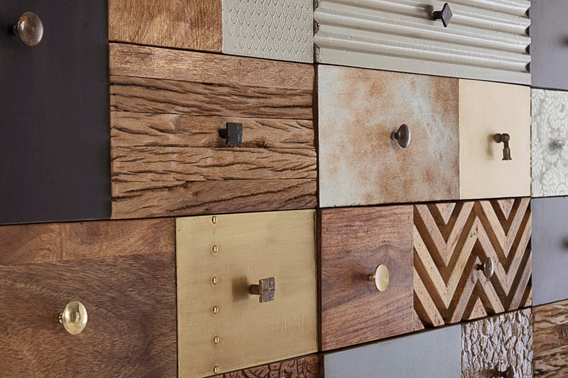 Madia con ante e cassetti effetto Patchwork in legno di mango cm 150x40x78h