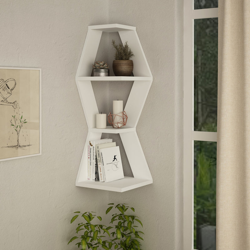 Mensola da parete angolare design geometrico in legno color bianco opaco 3 vani a giorno. Dimensioni cm 30x30x86h