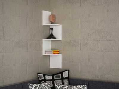Mensola in legno bianco opaco verticale angolare da muro dal design a zig-zag, 3 ripiani. Dimensioni cm 25x25x105h