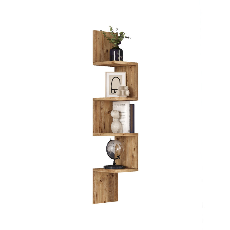 Mensola design da soggiorno angolare 4 ripiani in legno naturale cm 22x22x117h