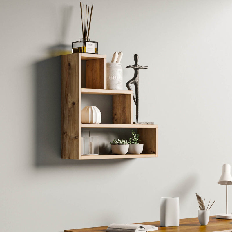 mensola da parete moderna in legno colore naturale 3 vani dimensioni diverse