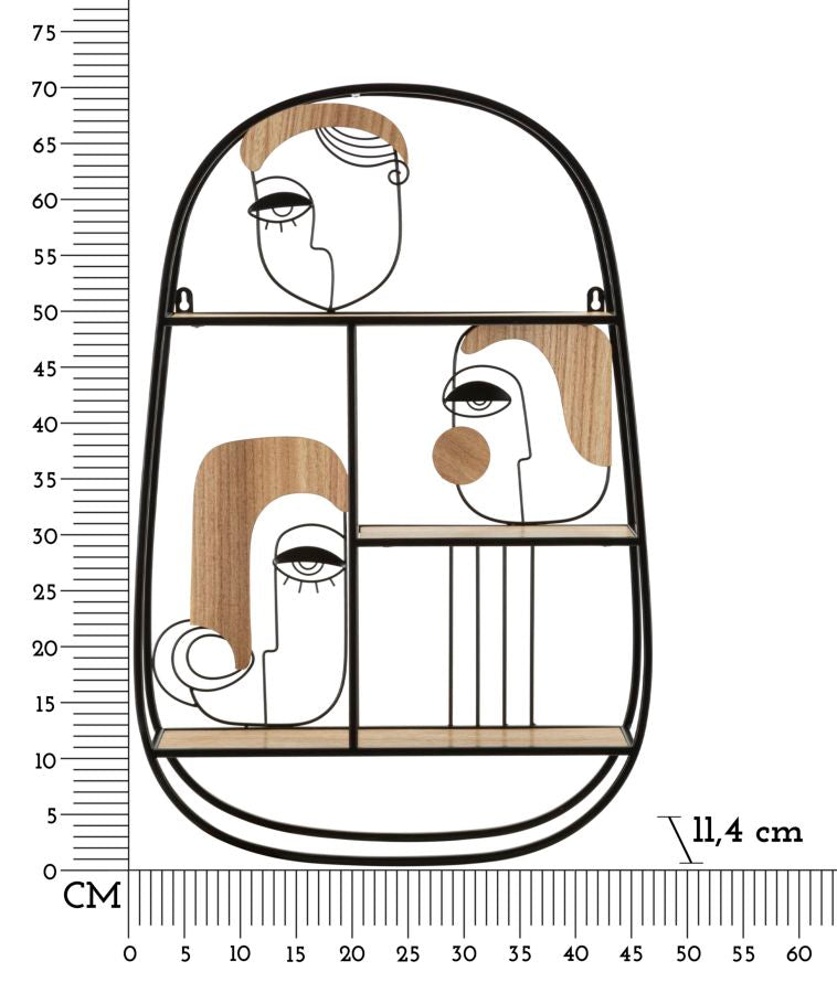 Mensola design da parete con sagoma viso e occhi legno metallo cm 47X11X70h
