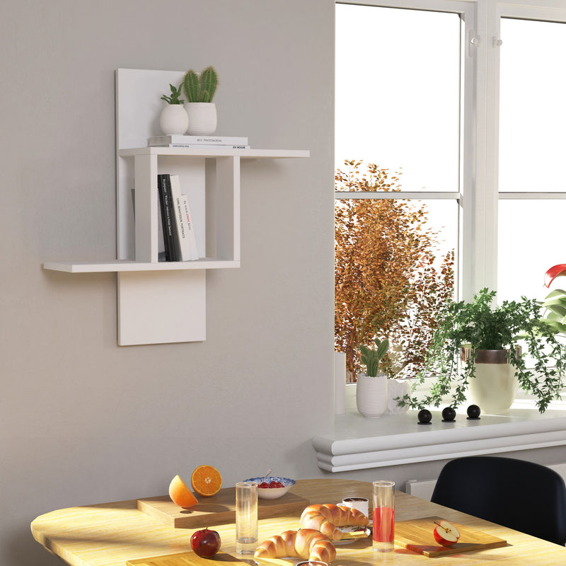 Mensola da parete in legno color bianco opaco moderna con 2 ripiani simmetrici che formano un cubo a giorno. Dimensioni cm 64x20x70h