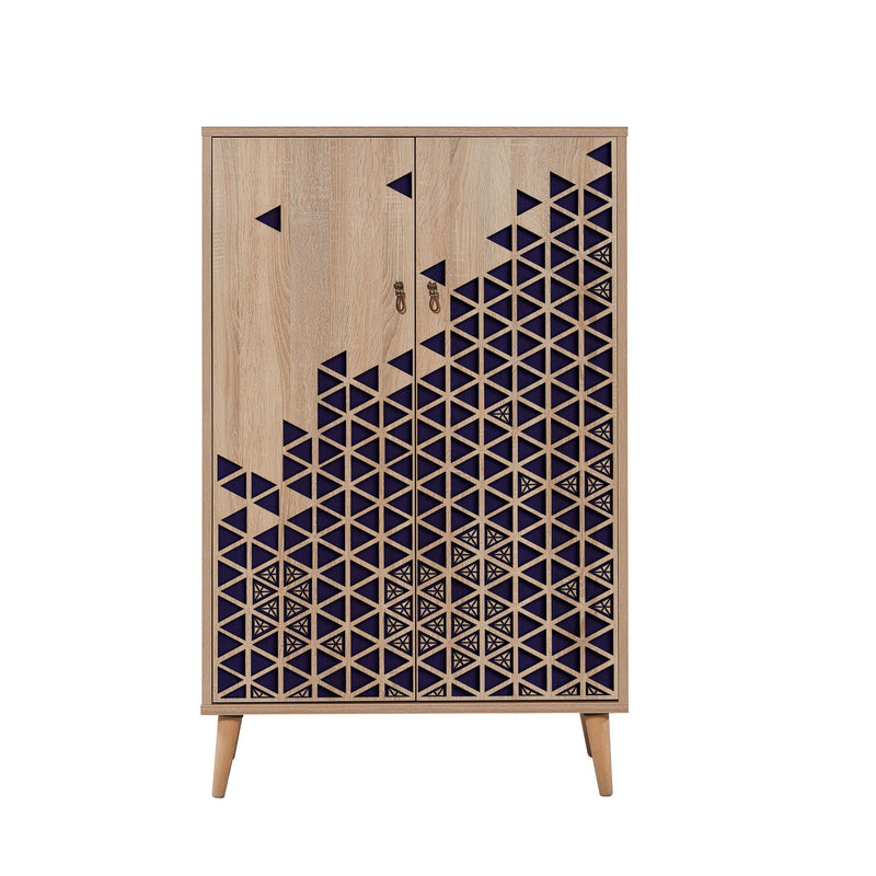 Mobile armadietto multiuso in legno naturale con fantasia geometrica blu cm 80x36x127h
