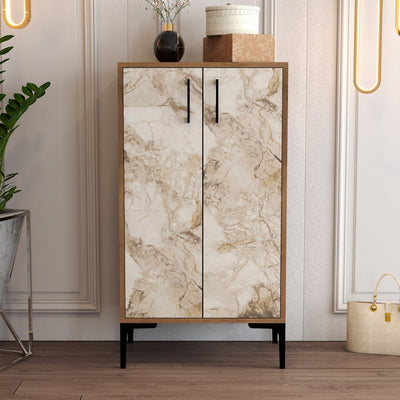 Mobile 2 ante multiuso scarpiera in legno noce e marmo bianco cm 60x35x111h