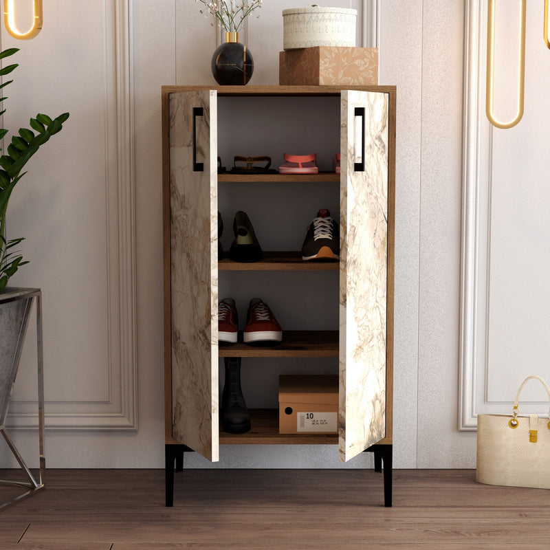 Mobile 2 ante multiuso scarpiera in legno noce e marmo bianco cm 60x35x111h