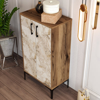 Mobile 2 ante multiuso scarpiera in legno noce e marmo bianco cm 60x35x111h