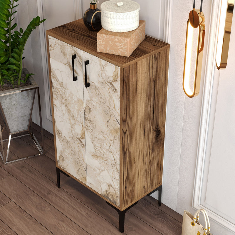 Mobile 2 ante multiuso scarpiera in legno noce e marmo bianco cm 60x35x111h