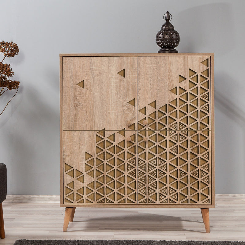 Mobile in legno multiuso 4 ante con ripiani decorazione geometrica cm 95x36x111h