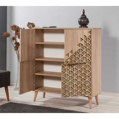 Mobile in legno multiuso 4 ante con ripiani decorazione geometrica cm 95x36x111h