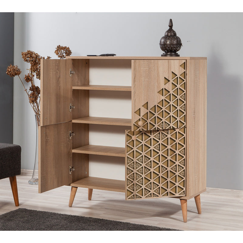 Mobile in legno multiuso 4 ante con ripiani decorazione geometrica cm 95x36x111h