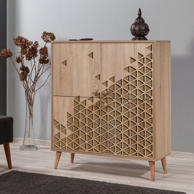 mobiletto 4 ante con ripiani interni multiuso in legno finitura quercia decorazione geometrica