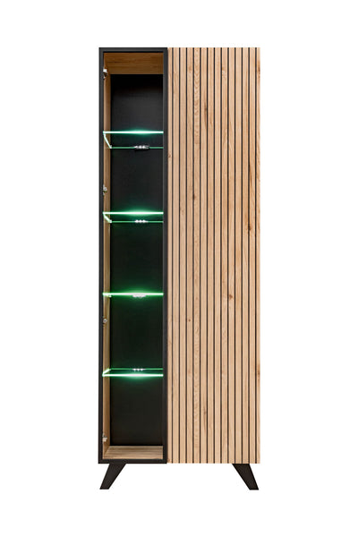 mobile 2 ante con vetrina moderno in legno colore quercia e nero con serigrafia a righe