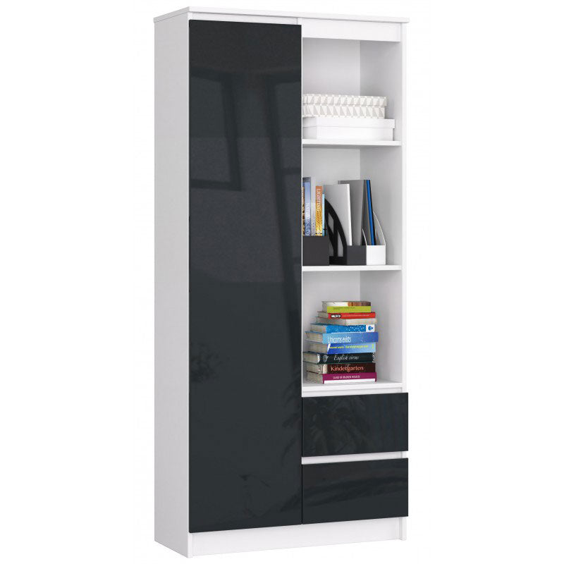 mobile libreria con anta  cassetti e vani a giorno colore bianco e grafite