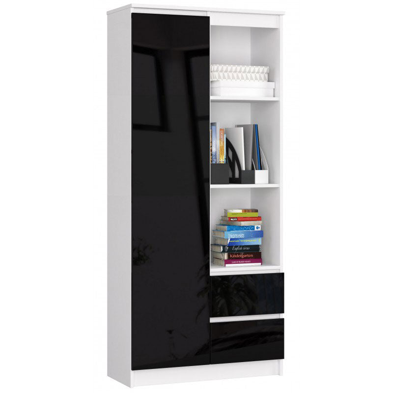 mobile libreria in legno bianco con frontali nero lucido