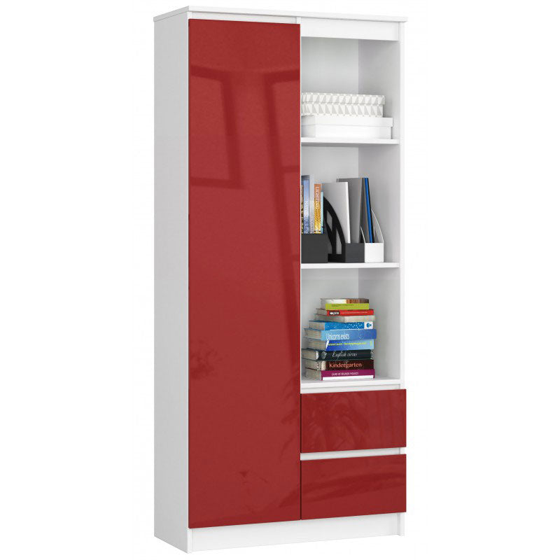 libreria moderna in legno bianco e rosso lucido