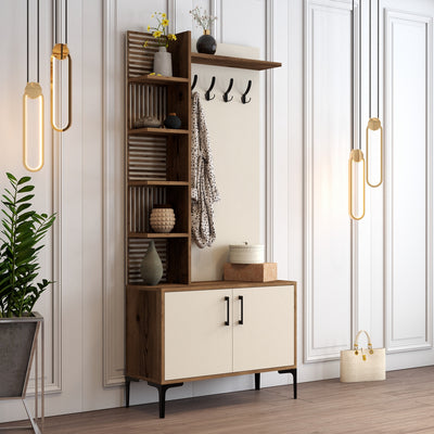 Mobile da ingresso moderno con appendiabiti ante e vani noce e crema cm 90x35x200h