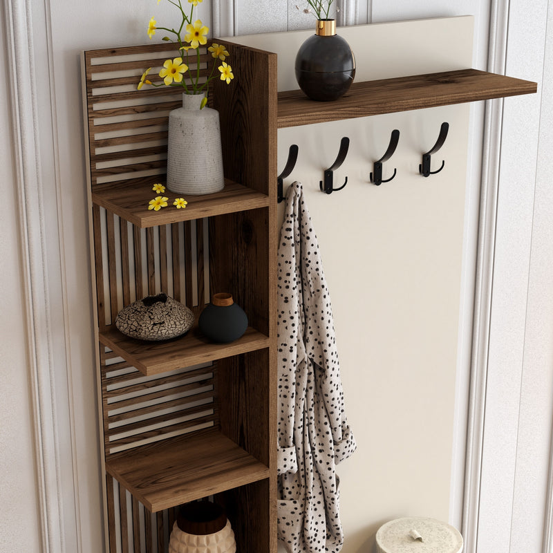 Mobile da ingresso moderno con appendiabiti ante e vani noce e crema cm 90x35x200h