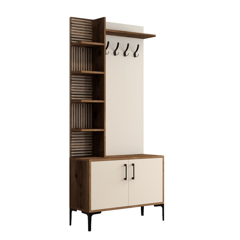 Mobile da ingresso moderno con appendiabiti ante e vani noce e crema cm 90x35x200h