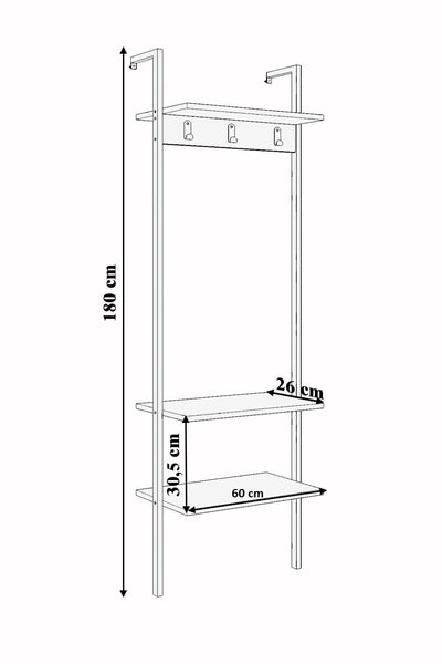 Appendiabiti da muro industrial struttura in metallo con ganci e ripiani cm 54x26x180h