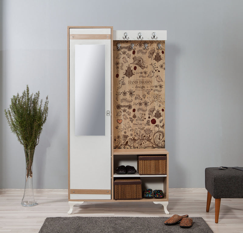 Mobile con appendiabiti decorato armadietto con specchio in legno per ingresso cm 100x36x190h