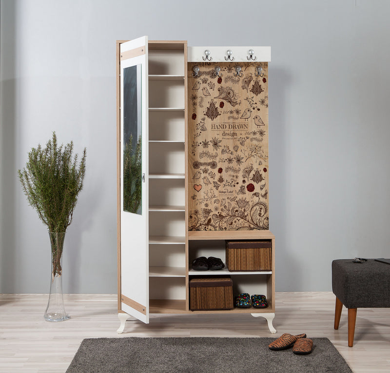 Mobile con appendiabiti decorato armadietto con specchio in legno per ingresso cm 100x36x190h