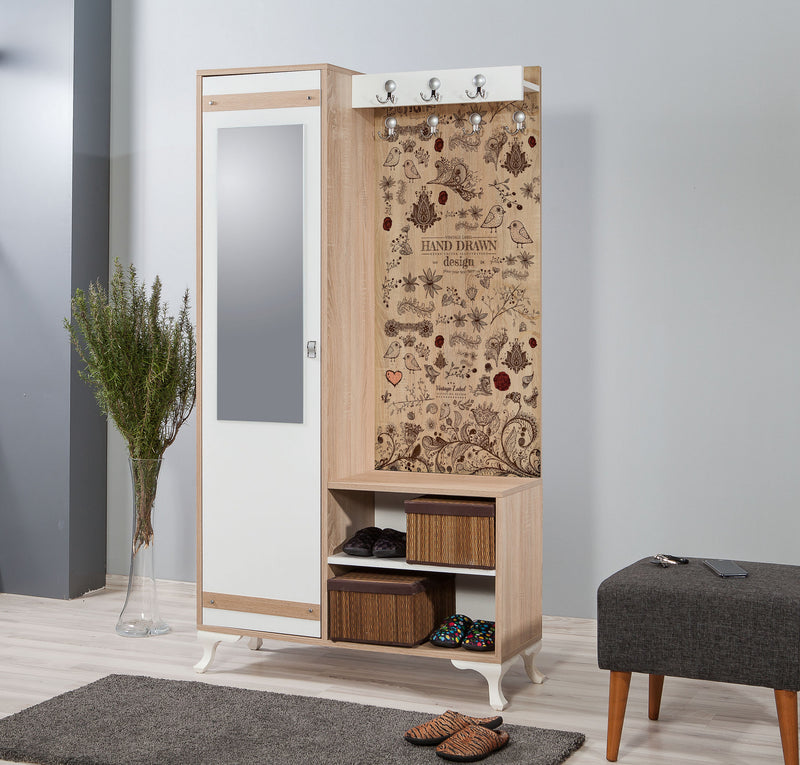 mobile da ingresso con appendiabiti armadio a colonna 1 anta con specchio e 2 vani a giorno in legno bianco quercia e decorazione fantasia 
