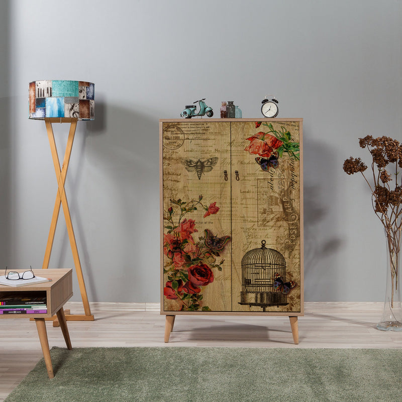 Mobile armadietto 2 ante in legno colore quercia decorato cm 80x36x127h