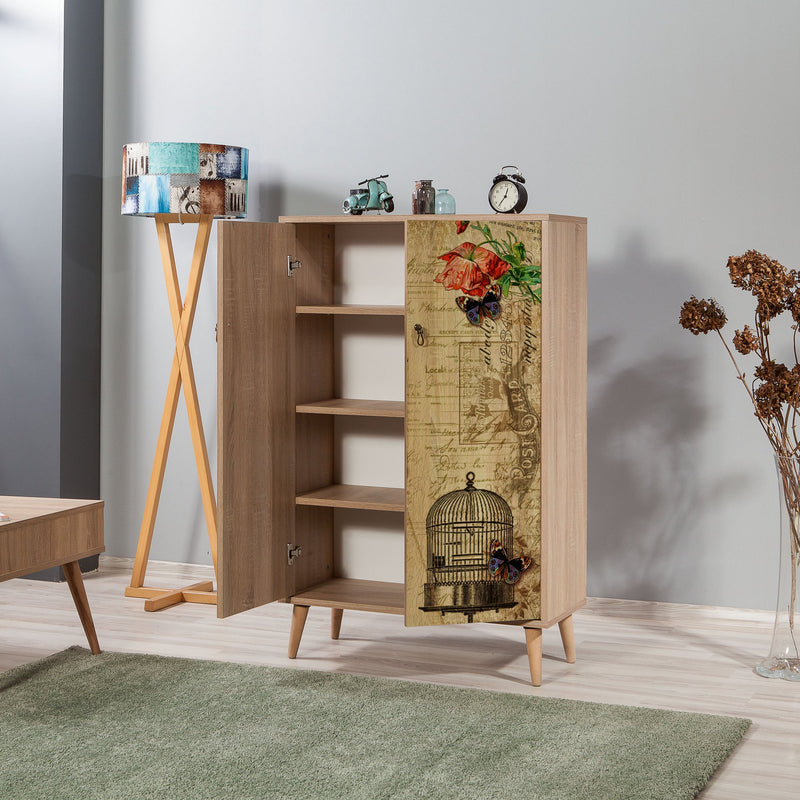 Mobile armadietto 2 ante in legno colore quercia decorato cm 80x36x127h