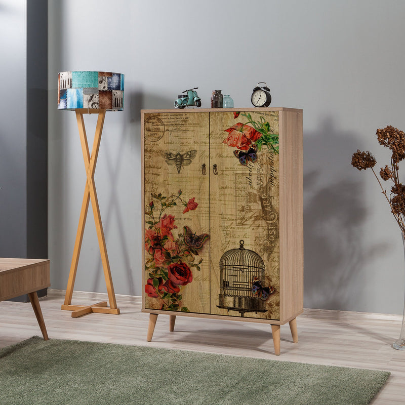 armadietto mobile 2 ante in legno colore quercia frontale decorato con rose e farfalle