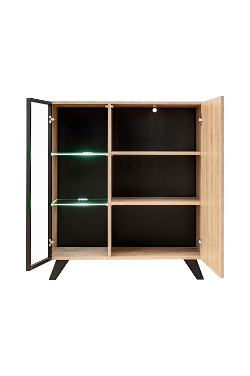 Jasim - Soggiorno completo porta tv con biocamino vetrine e mensola quercia e righe nero