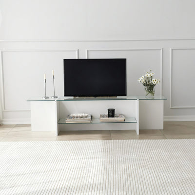 Mobile tv in legno bianco opaco top e ripiano in vetro trasparente cm 158x35x40h