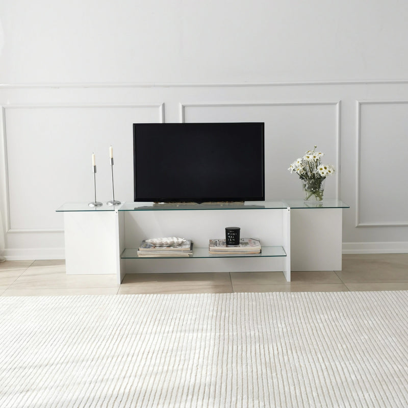 Mobile tv in legno bianco opaco top e ripiano in vetro trasparente cm 158x35x40h