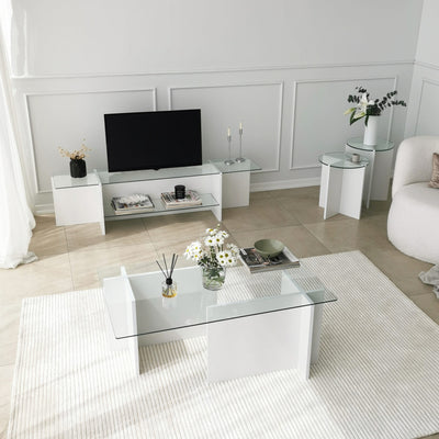 Mobile tv in legno bianco opaco top e ripiano in vetro trasparente cm 158x35x40h