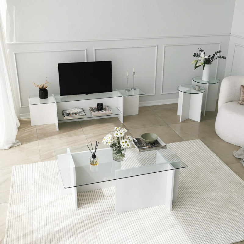Mobile tv in legno bianco opaco top e ripiano in vetro trasparente cm 158x35x40h