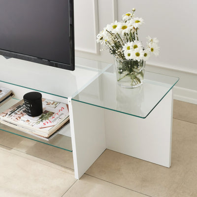 Mobile tv in legno bianco opaco top e ripiano in vetro trasparente cm 158x35x40h