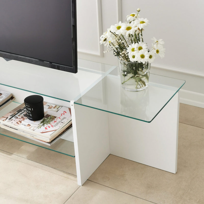 Mobile tv in legno bianco opaco top e ripiano in vetro trasparente cm 158x35x40h