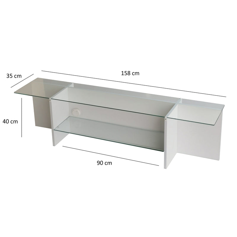 Mobile tv in legno bianco opaco top e ripiano in vetro trasparente cm 158x35x40h