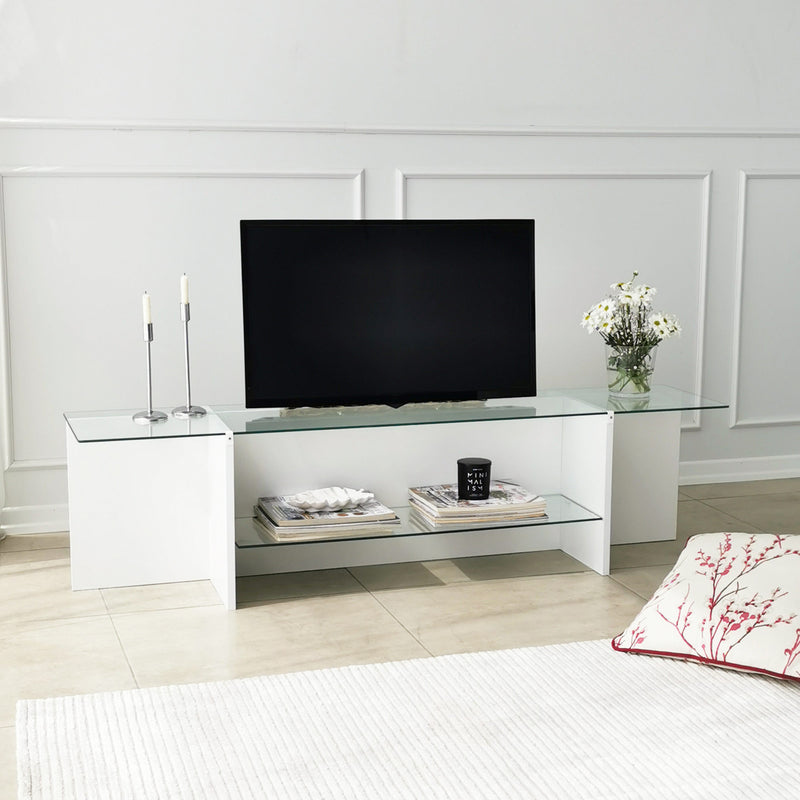 mobile porta tv con piano in vetro trasparente e base in legno bianco opaco 