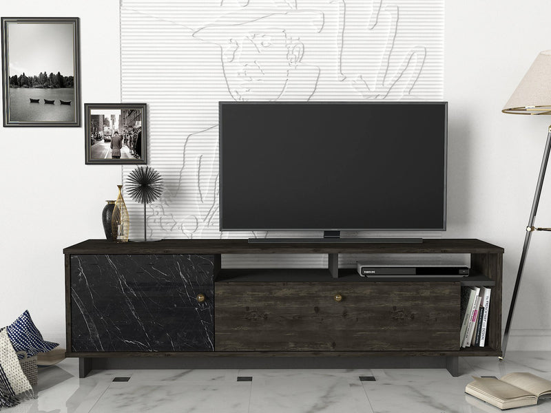 mobile porta tv in legno scuro wengè e marmo nero 2 ante