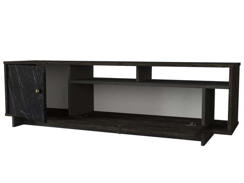 Mobile basso porta tv in legno scuro e marmo nero 2 ante cm 140x34x47h