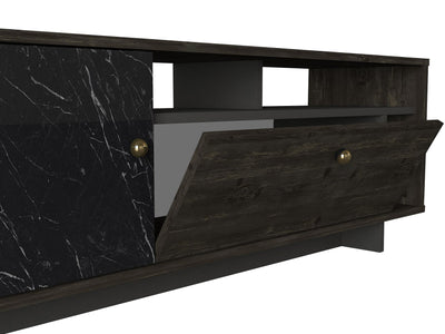 Mobile basso porta tv in legno scuro e marmo nero 2 ante cm 140x34x47h