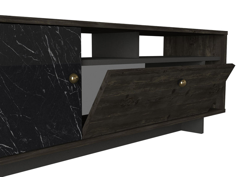 Mobile basso porta tv in legno scuro e marmo nero 2 ante cm 140x34x47h