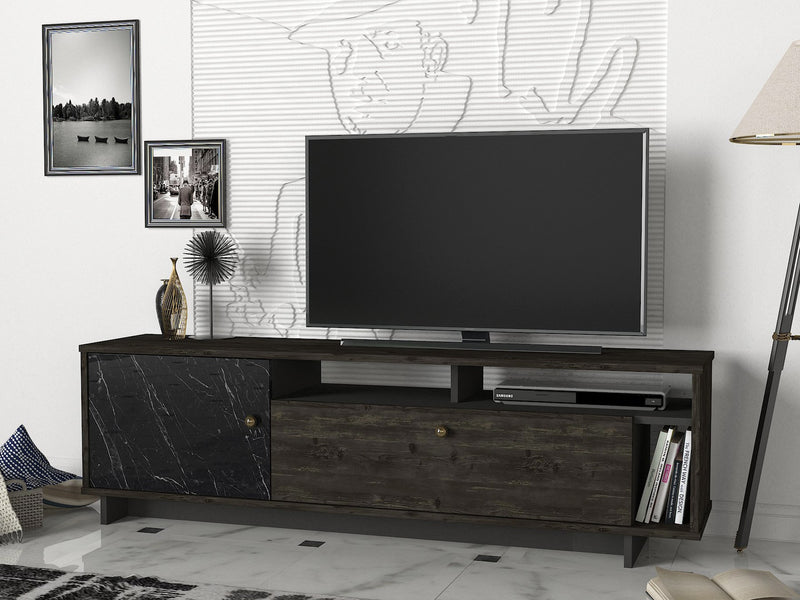 Mobile basso porta tv in legno scuro e marmo nero 2 ante cm 140x34x47h